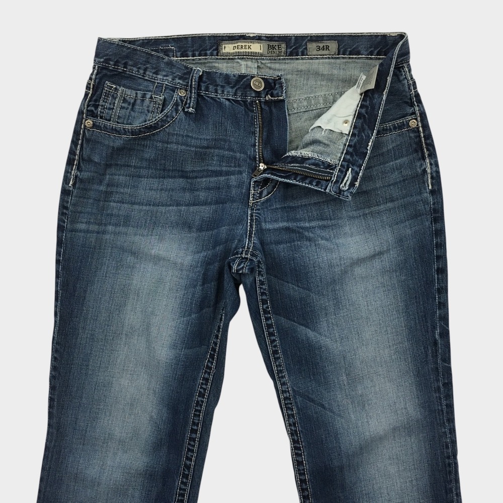 BKE Derek Denim Mens Jeans 34R Blue Straight Leg Distressed Cotton
